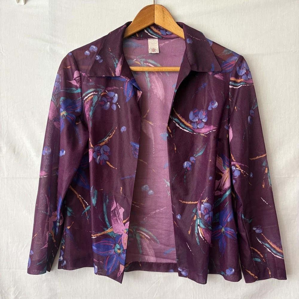 Vintage 80s Sheer Floral Jacket ILGWU USA‎ Made Open Front Jacket Topper